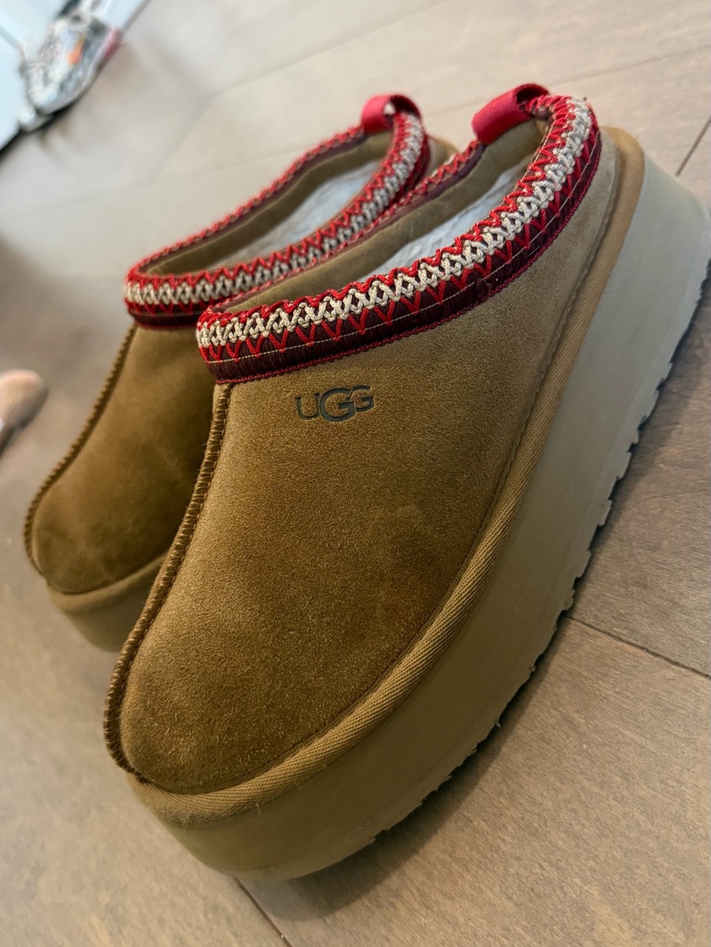 UGG Women's Brown Suede Platform Clog with Red Trim